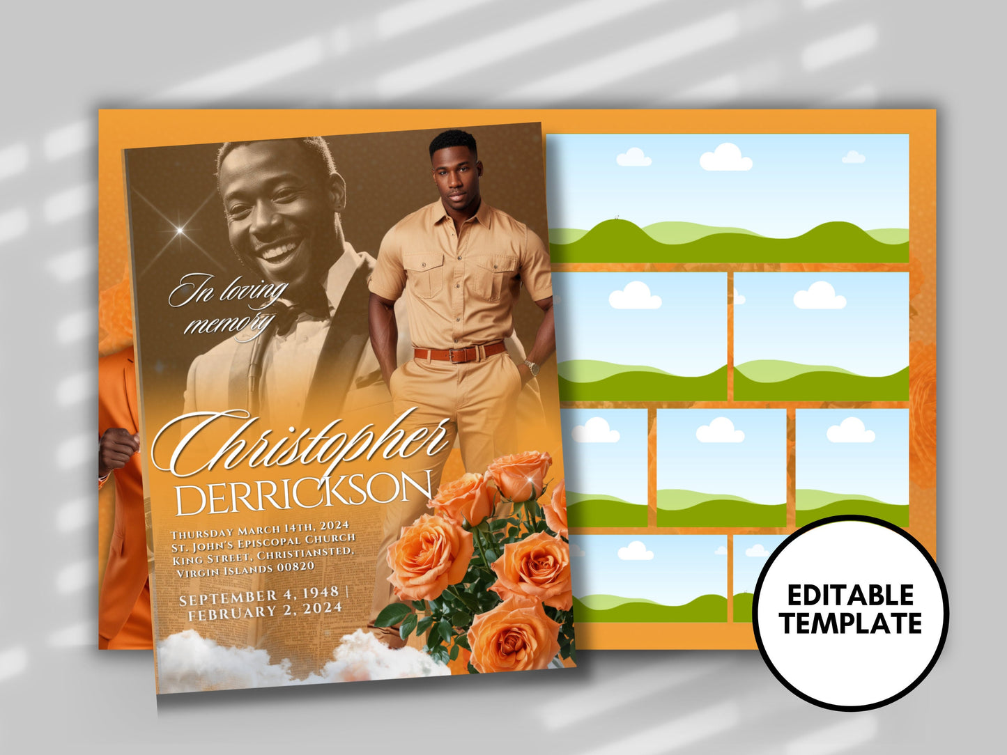 Funeral programs 8.5X11 editable template 8 page Men's Orange In loving memory funeral brochure printing DIY Funeral booklet