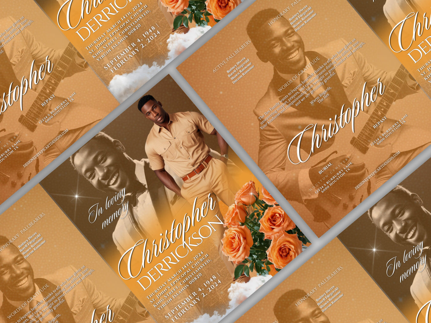 Funeral programs 8.5X11 editable template 8 page Men's Orange In loving memory funeral brochure printing DIY Funeral booklet