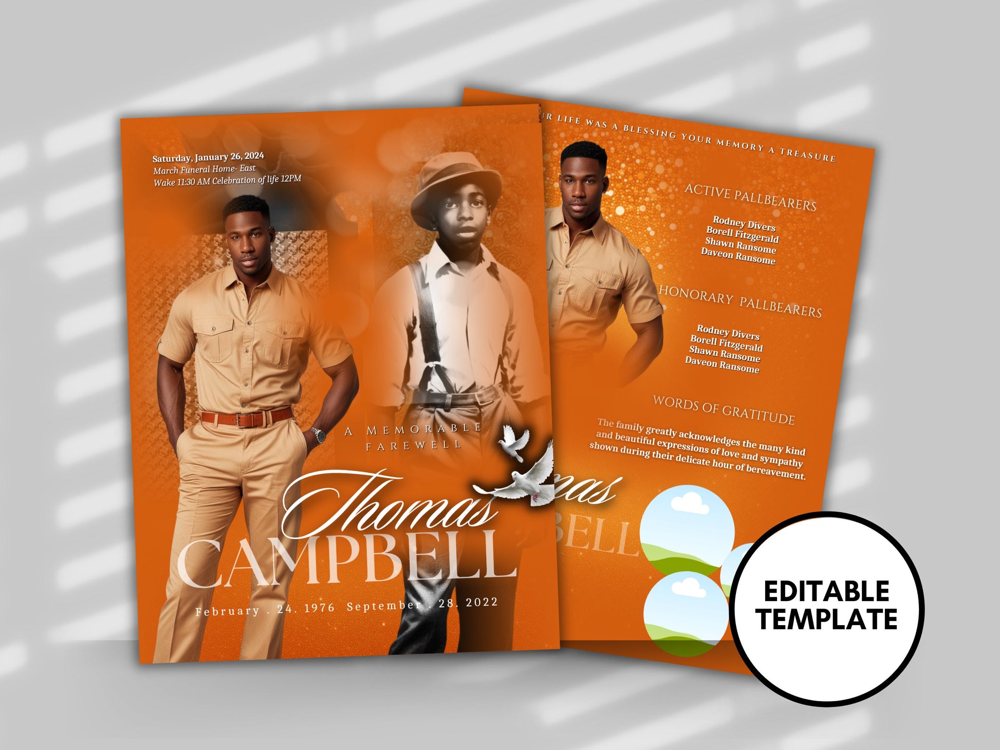 Funeral programs editable template 2 page 8.5x11 Men's Orange In loving memory funeral brochure printing DIY Funeral booklet