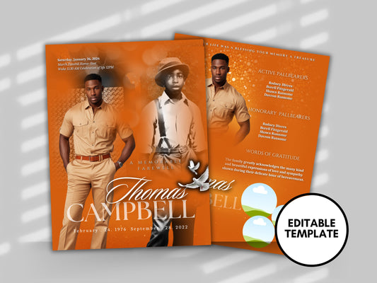 Funeral programs editable template 2 page 8.5x11 Men's Orange In loving memory funeral brochure printing DIY Funeral booklet