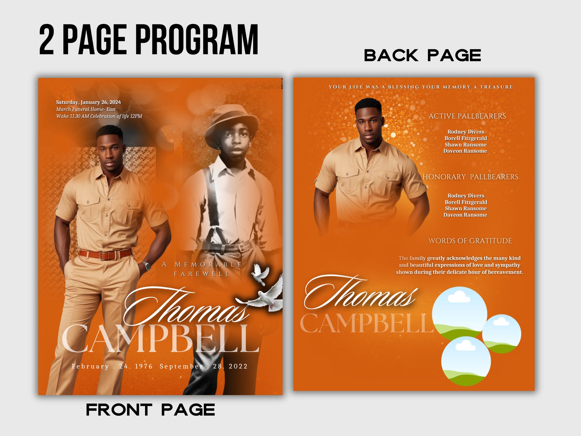 Funeral programs editable template 2 page 8.5x11 Men's Orange In loving memory funeral brochure printing DIY Funeral booklet