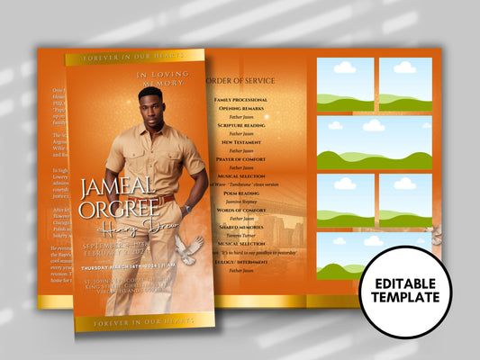 Funeral program 17"X11"editable templateTRIFOLD Men's Orange In loving memory funeral brochure printing DIY Funeral booklet Printable