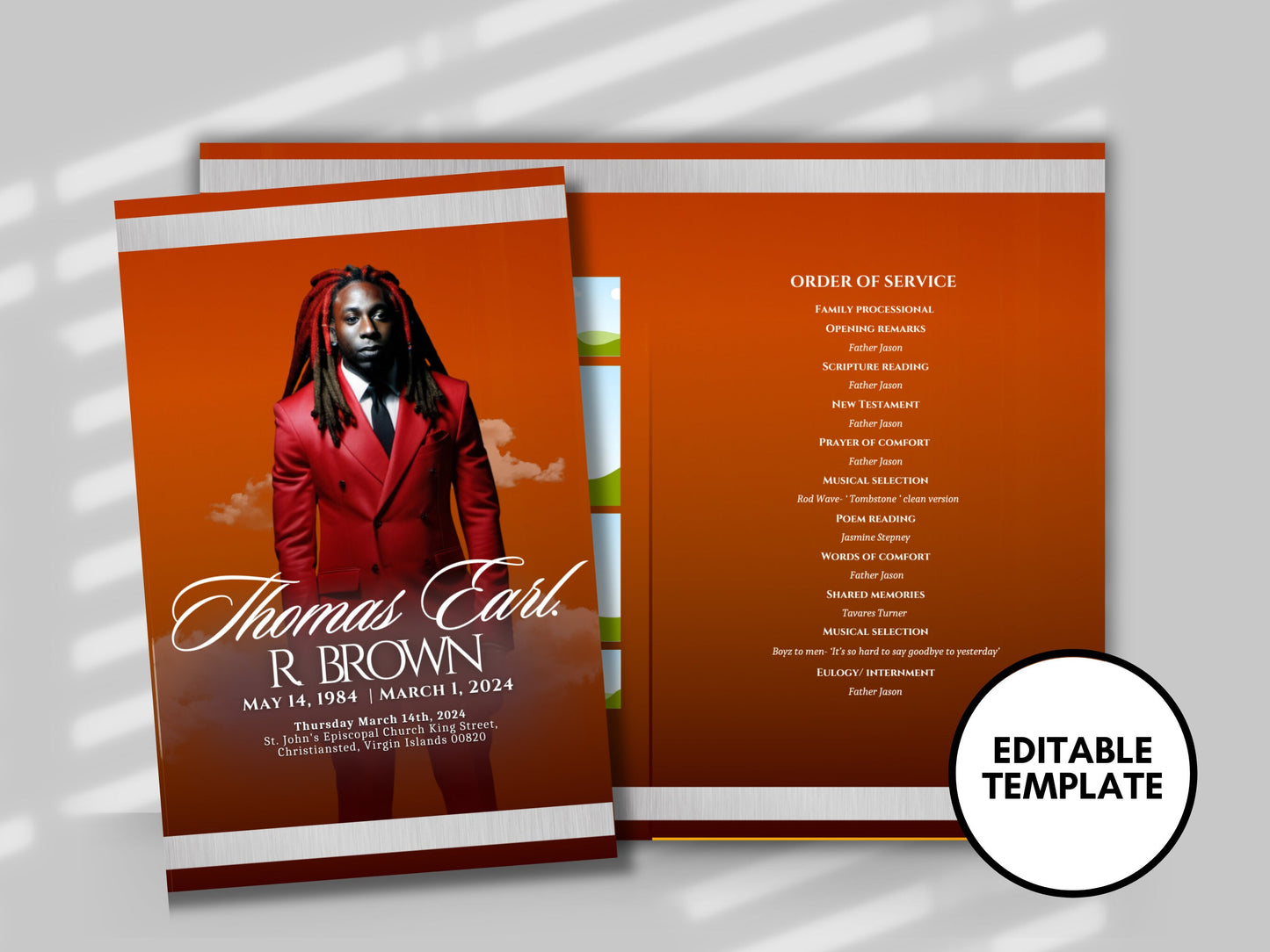 Funeral programs 8.5X11 editable template 8 page Men's Orange In loving memory funeral brochure printing DIY Funeral booklet