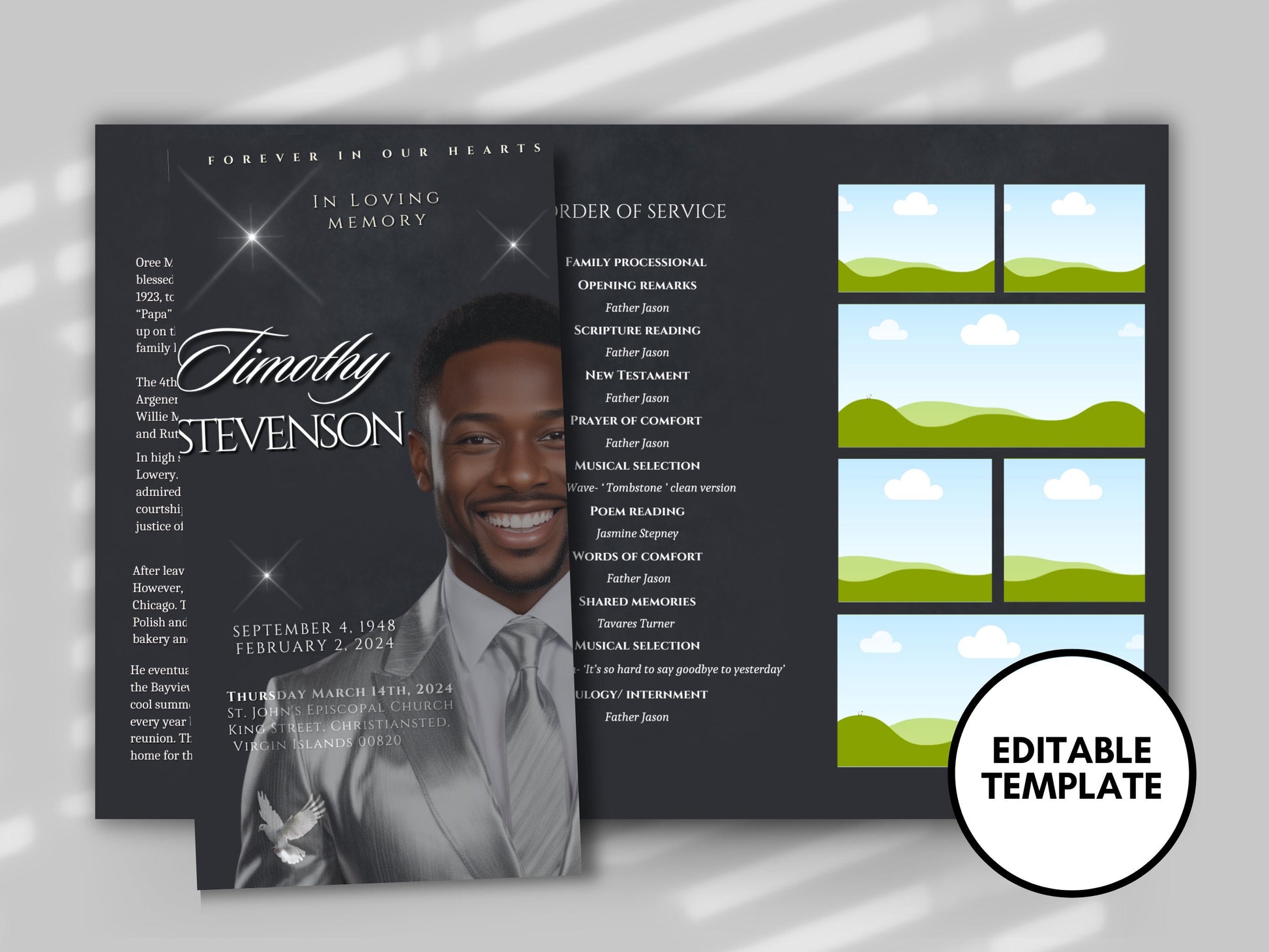 Funeral programs 17x11 editable template TRIFOLD Mens Silver Grey In loving memory funeral brochure printing DIY Funeral booklet