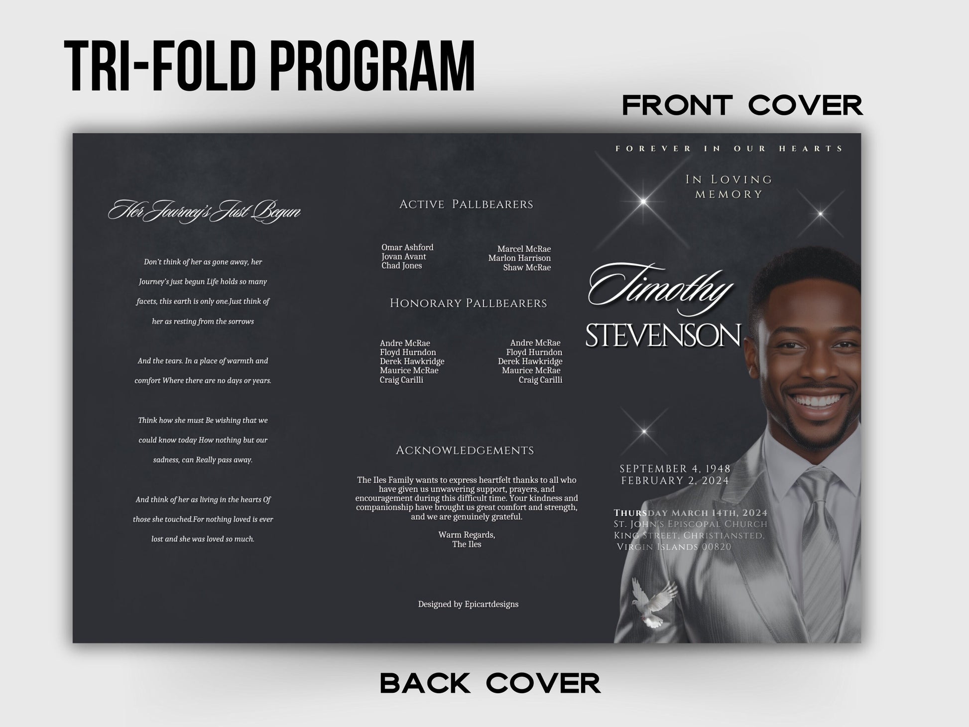 Funeral programs 17x11 editable template TRIFOLD Mens Silver Grey In loving memory funeral brochure printing DIY Funeral booklet