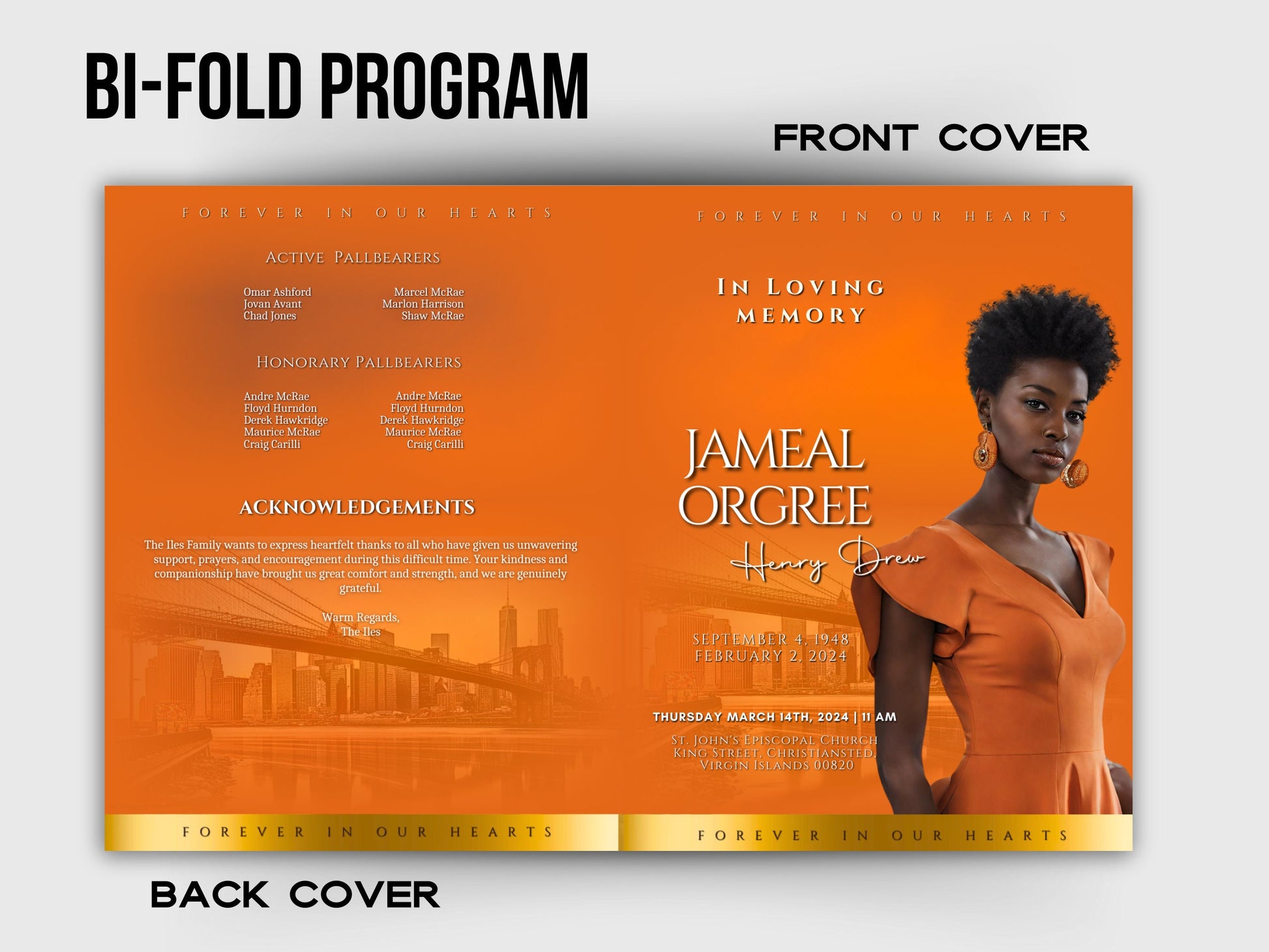 Funeral programs 5.5"x8.5" editable template 8 page Women's Orange In loving memory funeral brochure printing DIY Funeral booklet