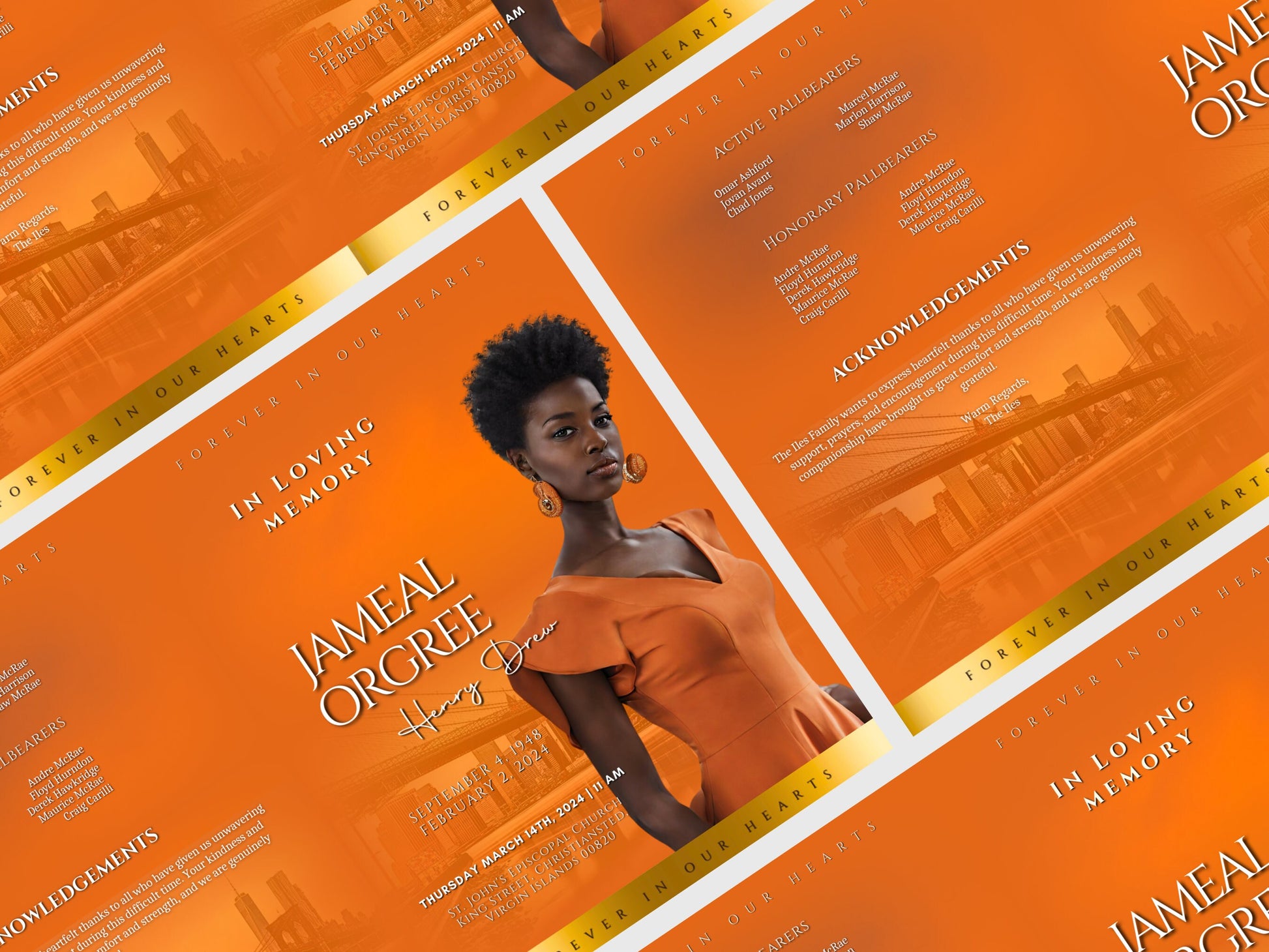 Funeral programs 5.5"x8.5" editable template 8 page Women's Orange In loving memory funeral brochure printing DIY Funeral booklet