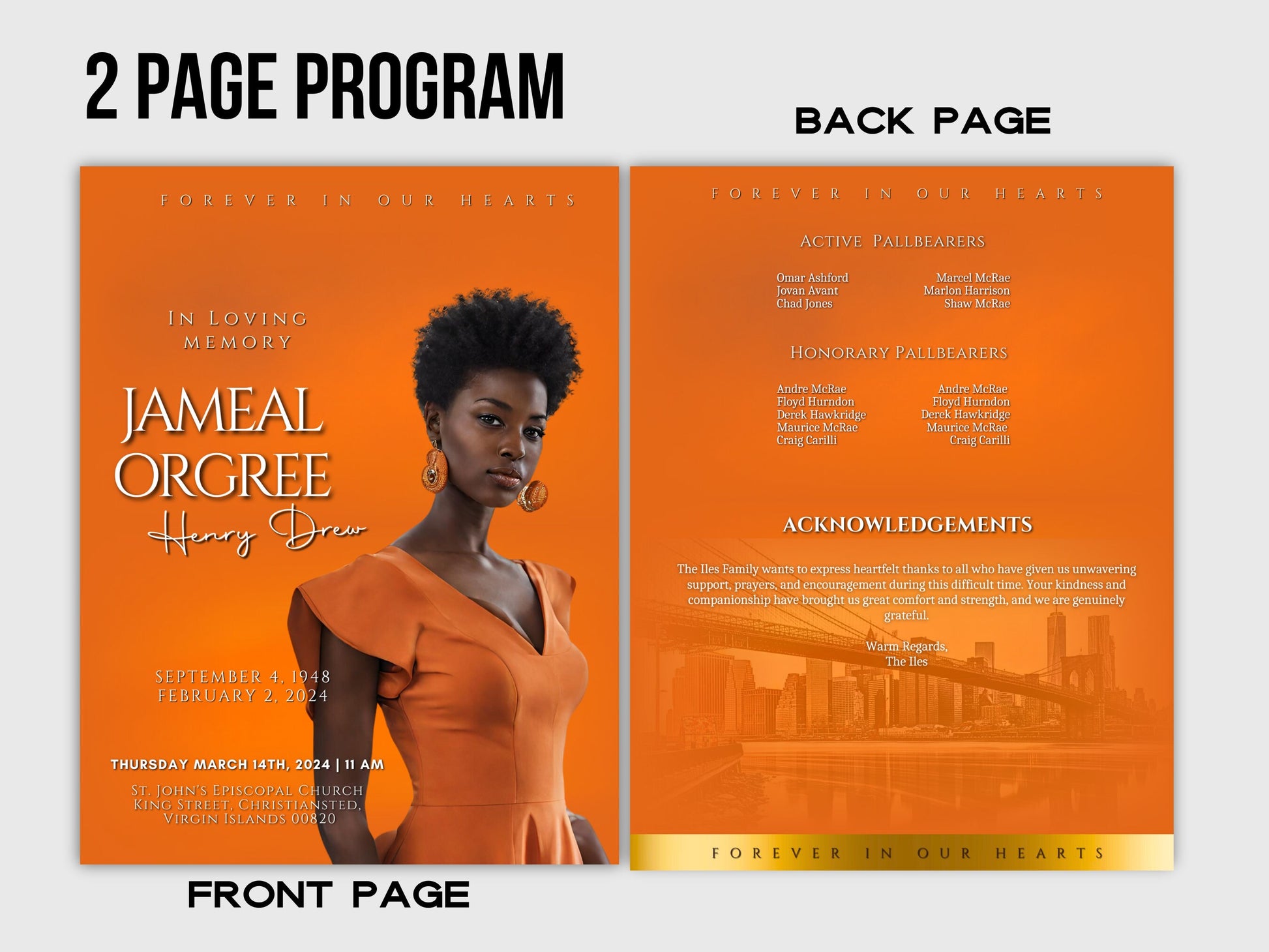 Funeral programs editable template 2 page 8.5x11 Women's Orange In loving memory funeral brochure printing DIY Funeral booklet