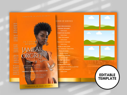 Funeral program 17"X11"editable templateTRIFOLD Women's Orange In loving memory funeral brochure printing DIY Funeral booklet Printable