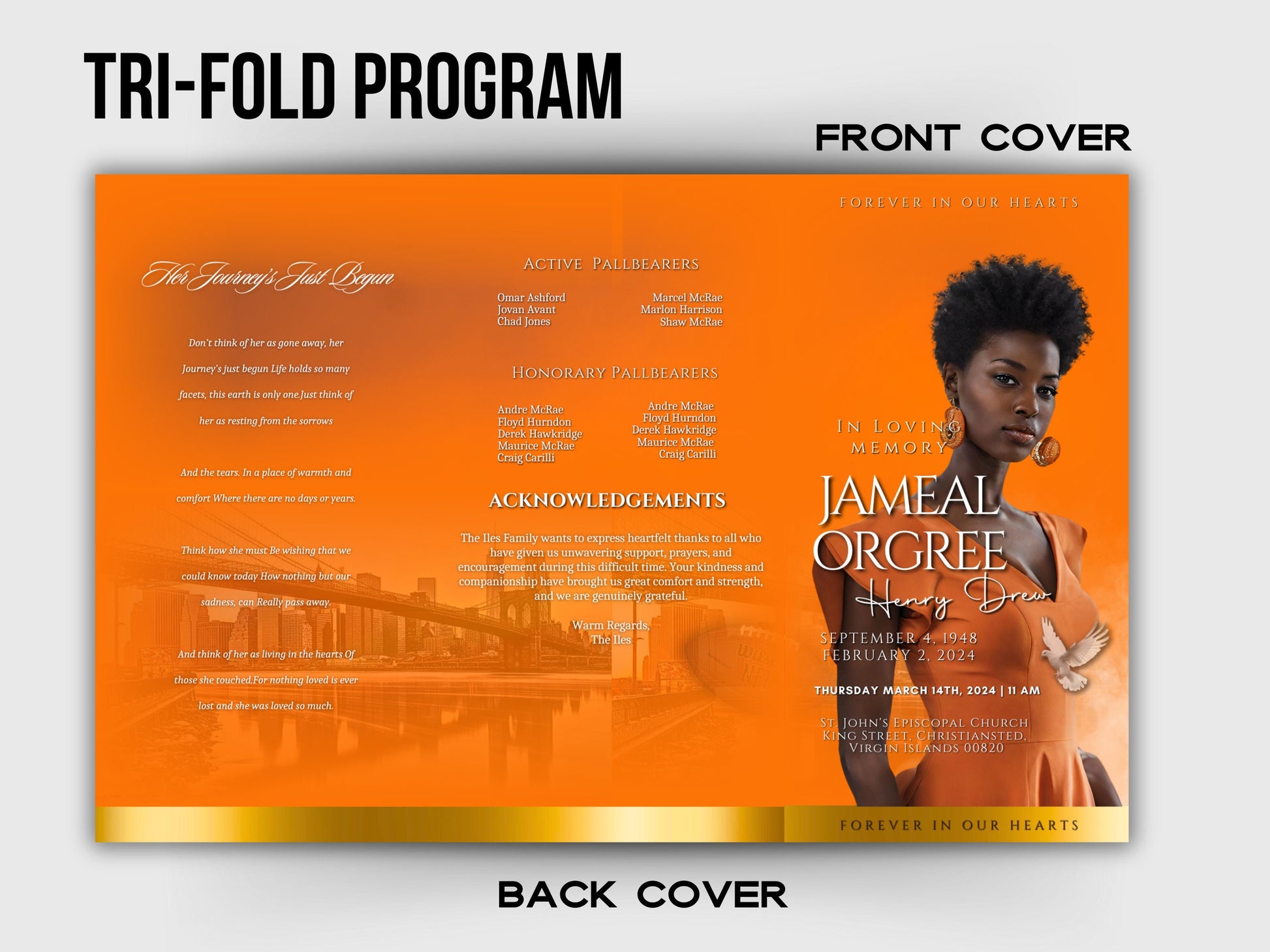 Funeral program 17"X11"editable templateTRIFOLD Women's Orange In loving memory funeral brochure printing DIY Funeral booklet Printable