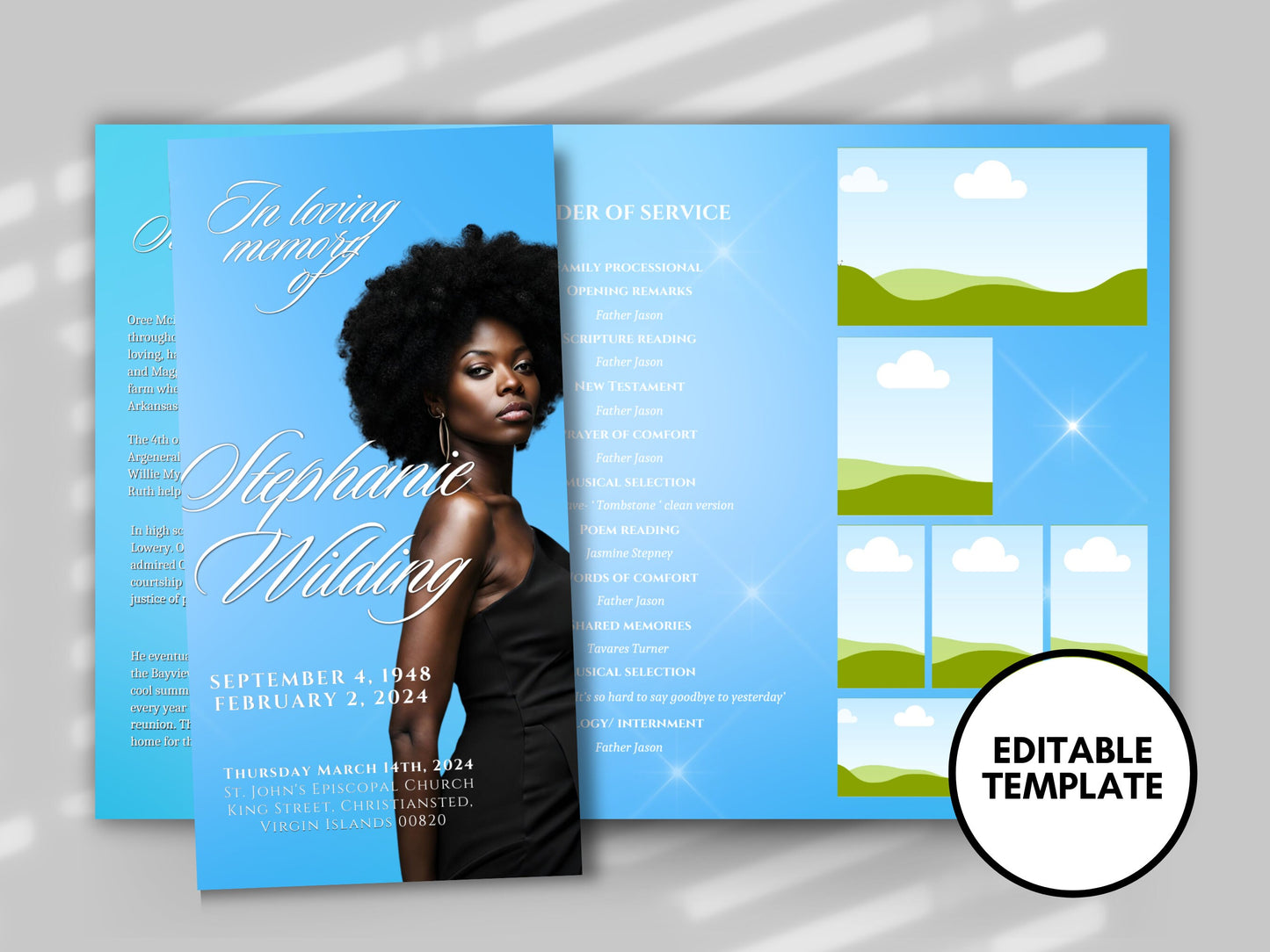 Funeral program 17"X11"editable templateTRIFOLD Women's Light Blue In loving memory funeral brochure printing DIY Funeral booklet Printable