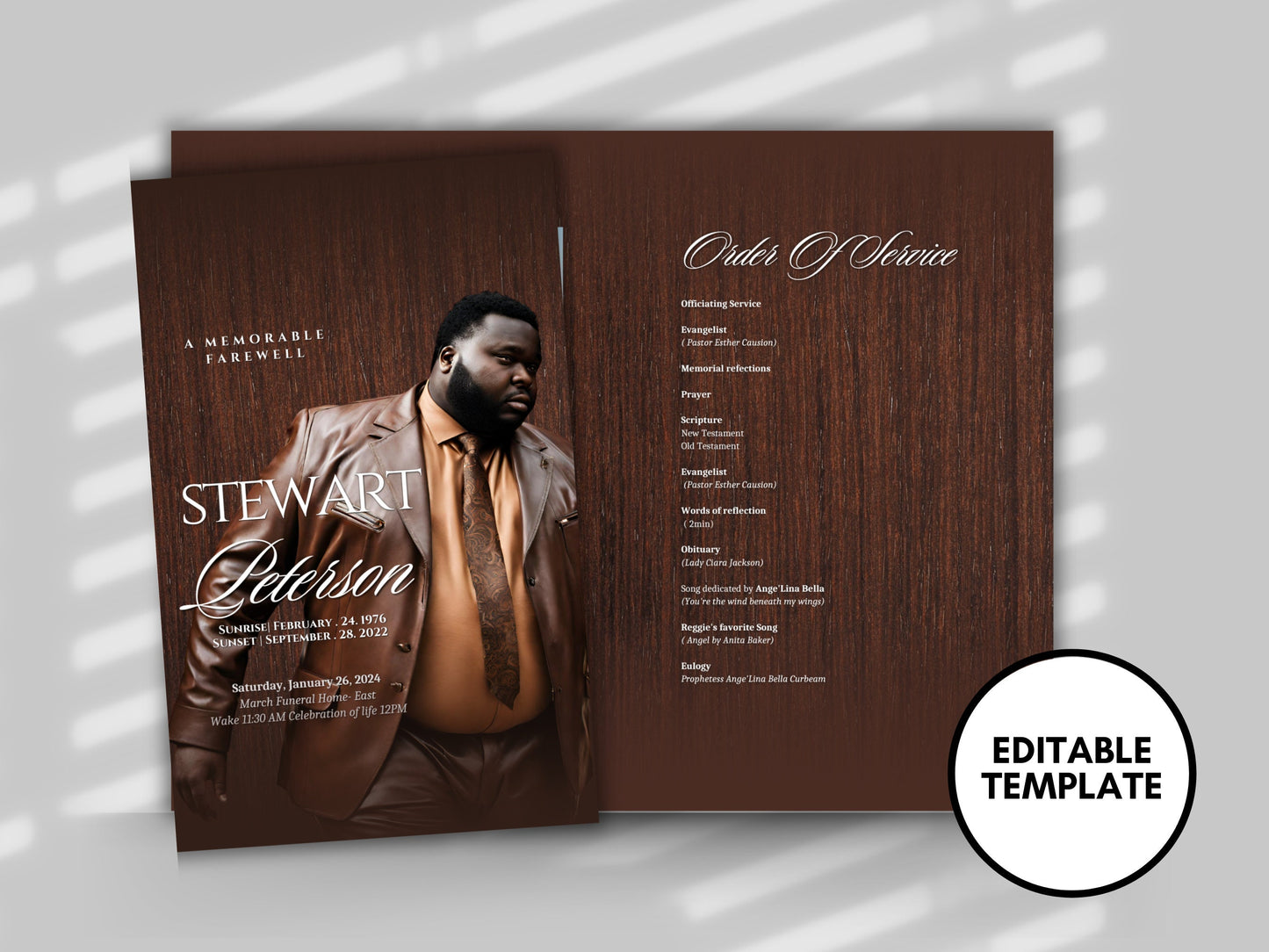 Funeral programs 8.5X11 editable template 8 page Men's Brown In loving memory funeral brochure printing DIY Funeral booklet