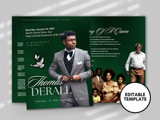 Funeral programs 8.5X11 editable template 8 page Men's Green In loving memory funeral brochure printing DIY Funeral booklet