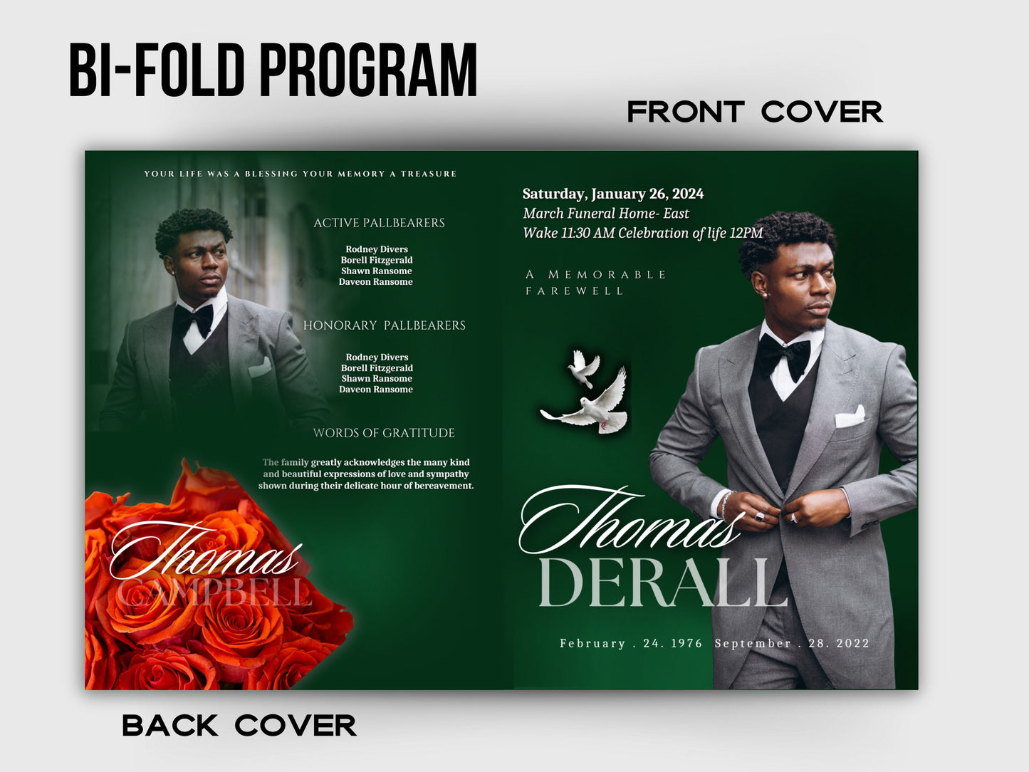 Funeral programs 5.5"x8.5" editable template 8 page Men's Green In loving memory funeral brochure printing DIY Funeral booklet