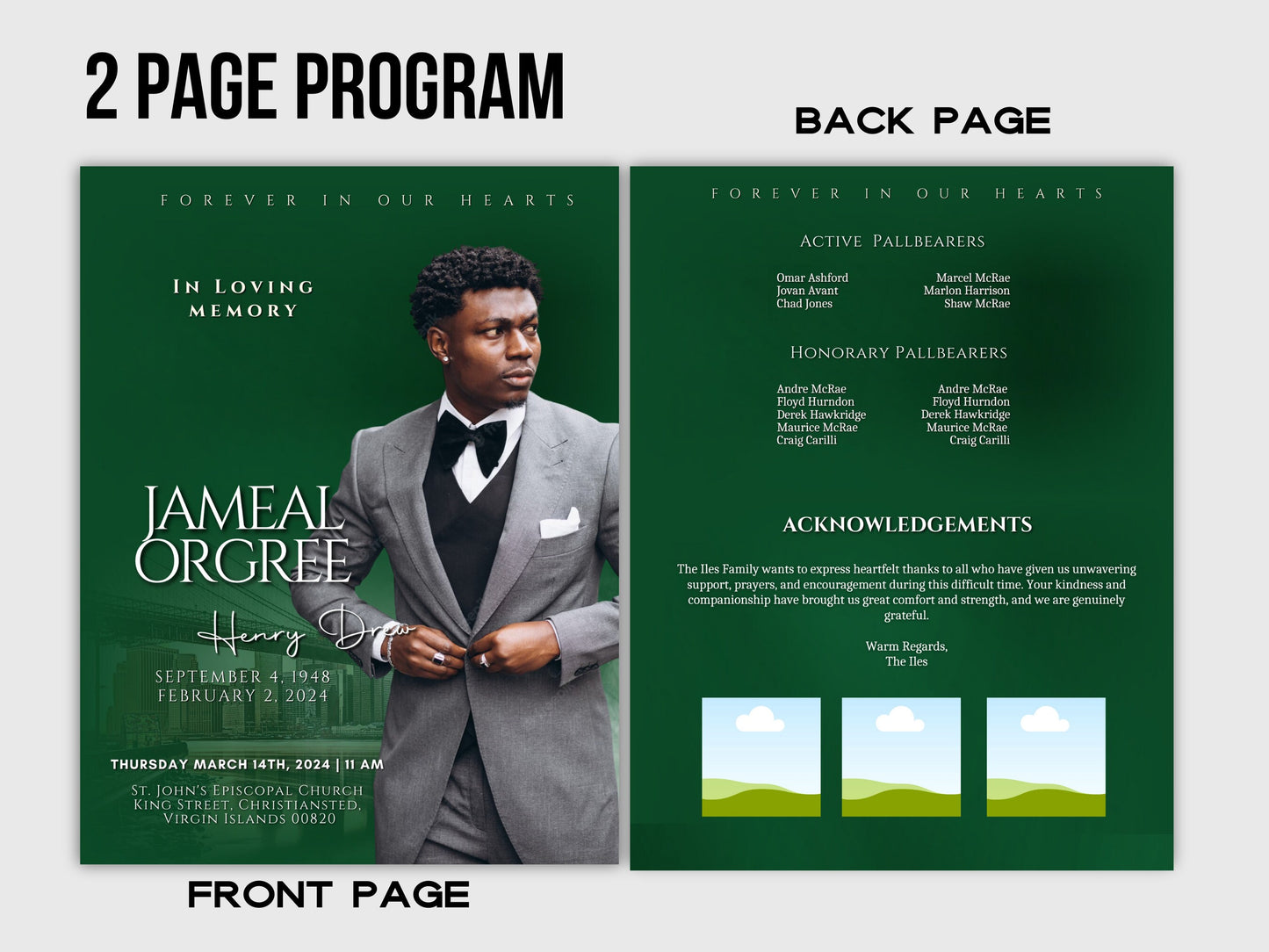 Funeral programs editable template 2 page 8.5x11 Mens Green Program In loving memory funeral brochure printing DIY Funeral booklet