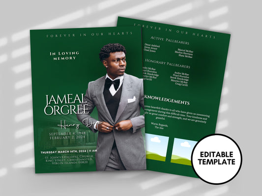 Funeral programs editable template 2 page 8.5x11 Mens Green Program In loving memory funeral brochure printing DIY Funeral booklet