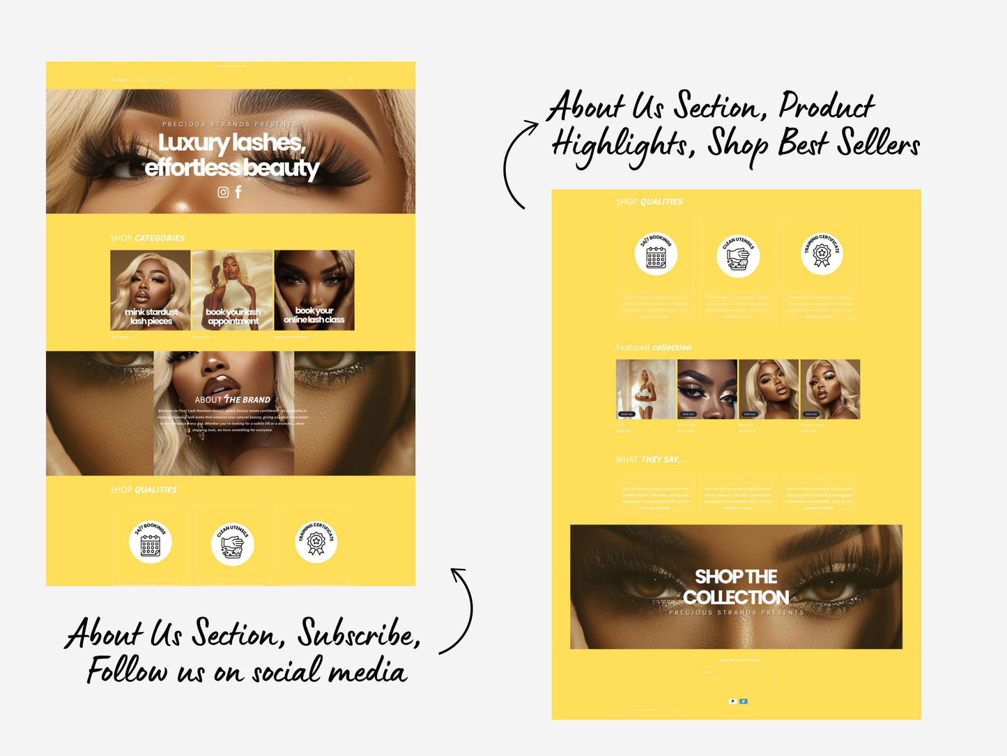 Yellow Shopify Theme Template, Yellow and White Theme, Website for Lash Techs Shopify Website Design, Shopify Banners, Lash tech