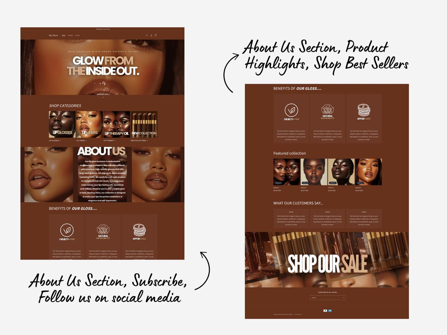 Brown Shopify Beauty Theme Template, Brown Melanin Theme, Website for Lip Gloss Businesses Shopify Website Design, Shopify Banners