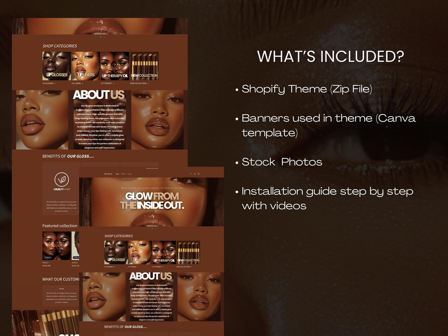 Brown Shopify Beauty Theme Template, Brown Melanin Theme, Website for Lip Gloss Businesses Shopify Website Design, Shopify Banners