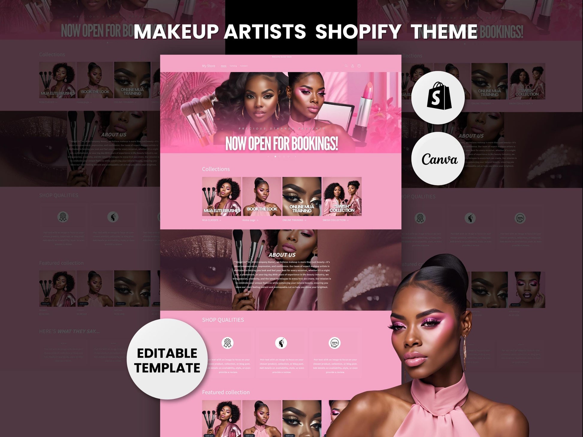 Pink MUA Shopify Theme Template, Pink and White Theme, Website for MUA business, Shopify Website Design, Shopify Banners, Makeup Artists