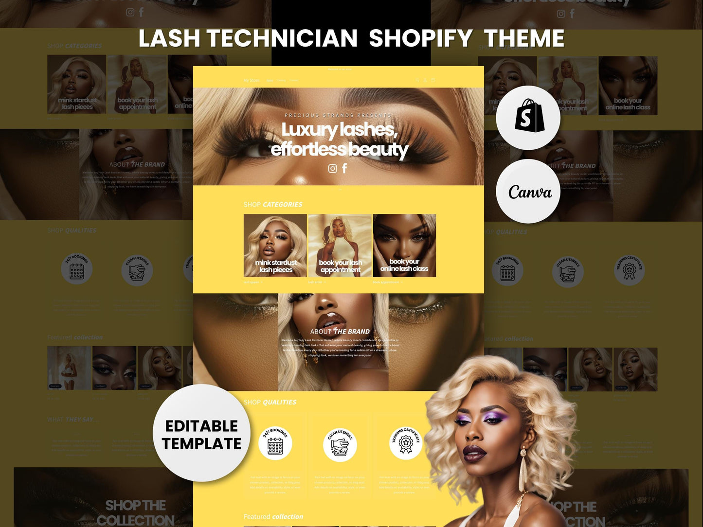 Yellow Shopify Theme Template, Yellow and White Theme, Website for Lash Techs Shopify Website Design, Shopify Banners, Lash tech