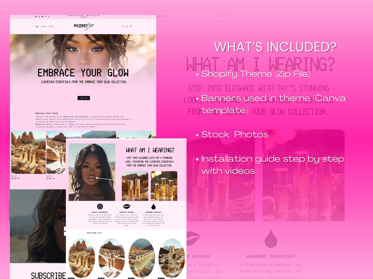 Pink Cosmetics Shopify Beauty Theme Template, Pink & Black Theme, Website for gloss business, Shopify Website Design, Shopify Banners