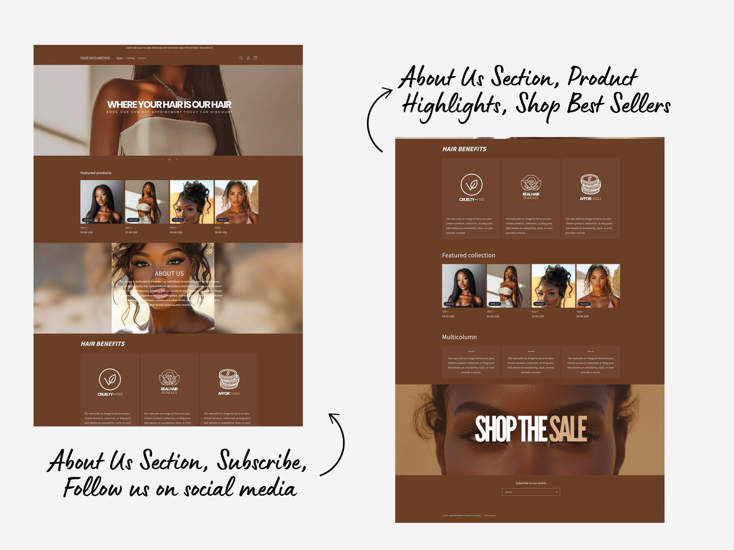 Brown Shopify Theme Template, Brown Hair Theme, Website forHair Businesses Shopify Website Design, Shopify Banners, Business Owners