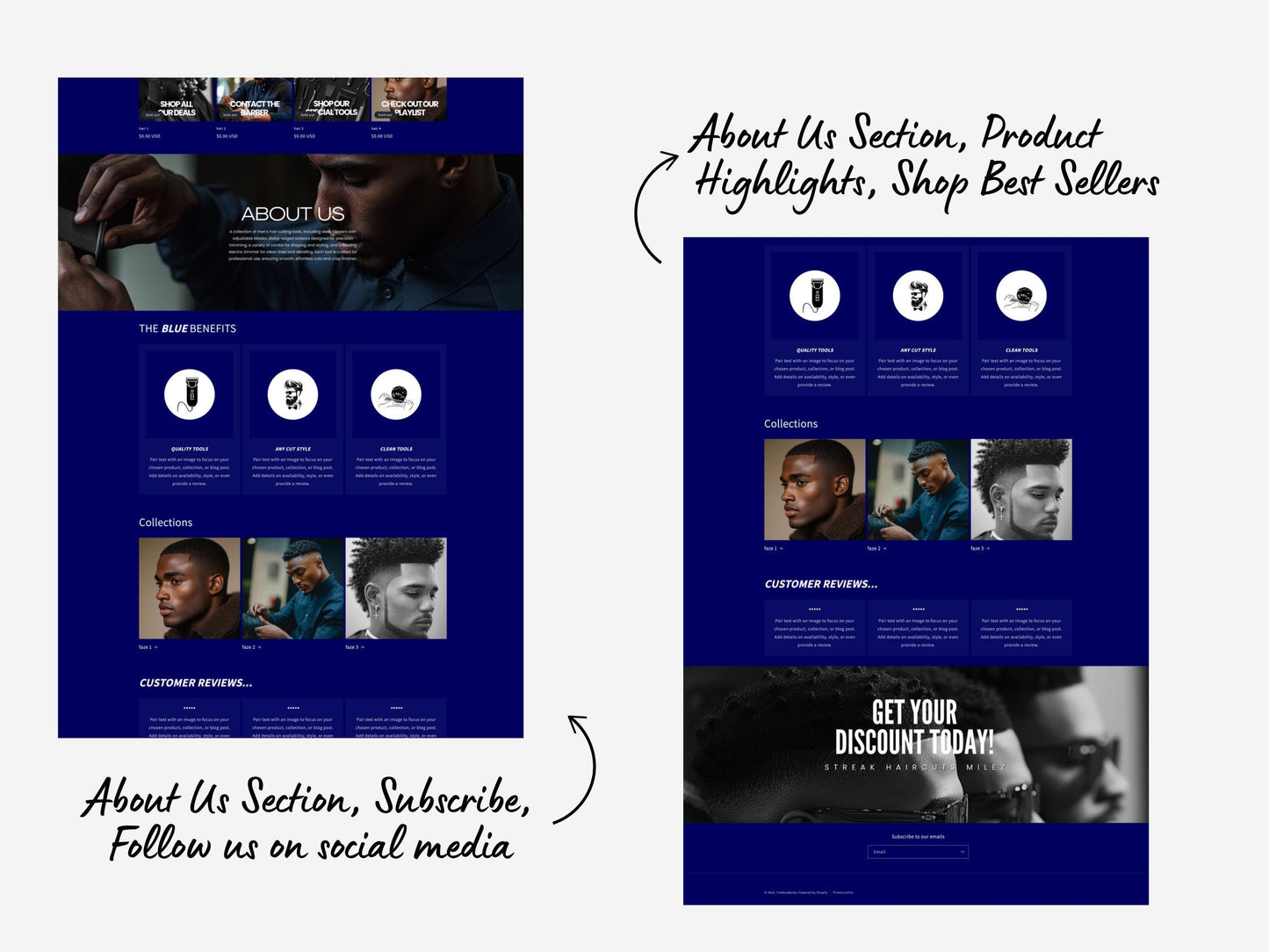 Blue Shopify Theme Template, Blue Barber Theme, Website for Barbers Businesses Shopify Website Design, Shopify Banners, Business Owners