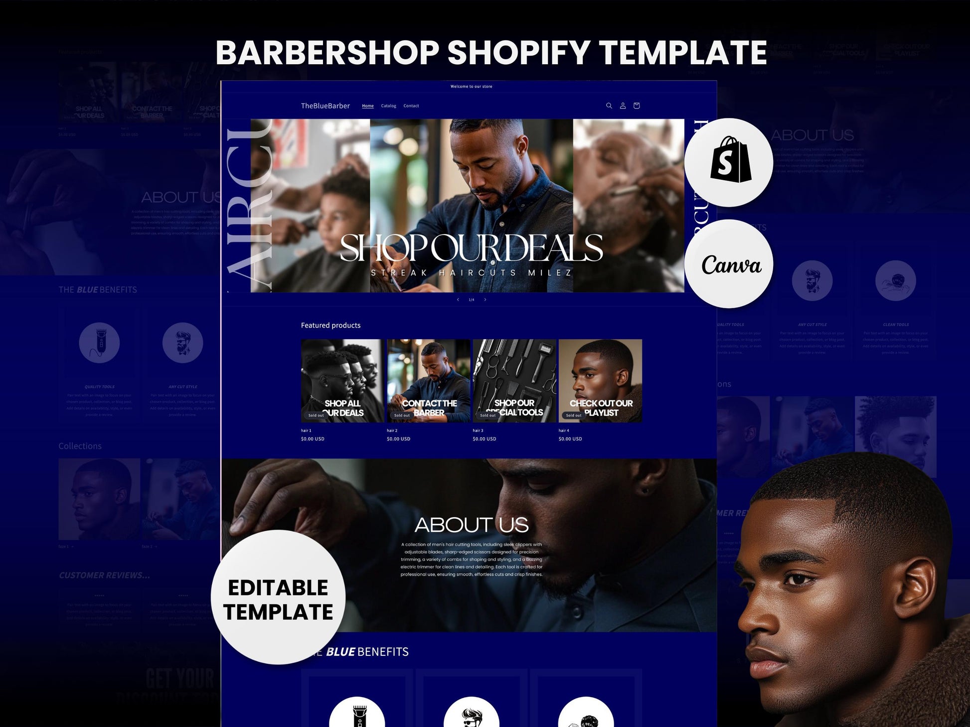 Blue Shopify Theme Template, Blue Barber Theme, Website for Barbers Businesses Shopify Website Design, Shopify Banners, Business Owners