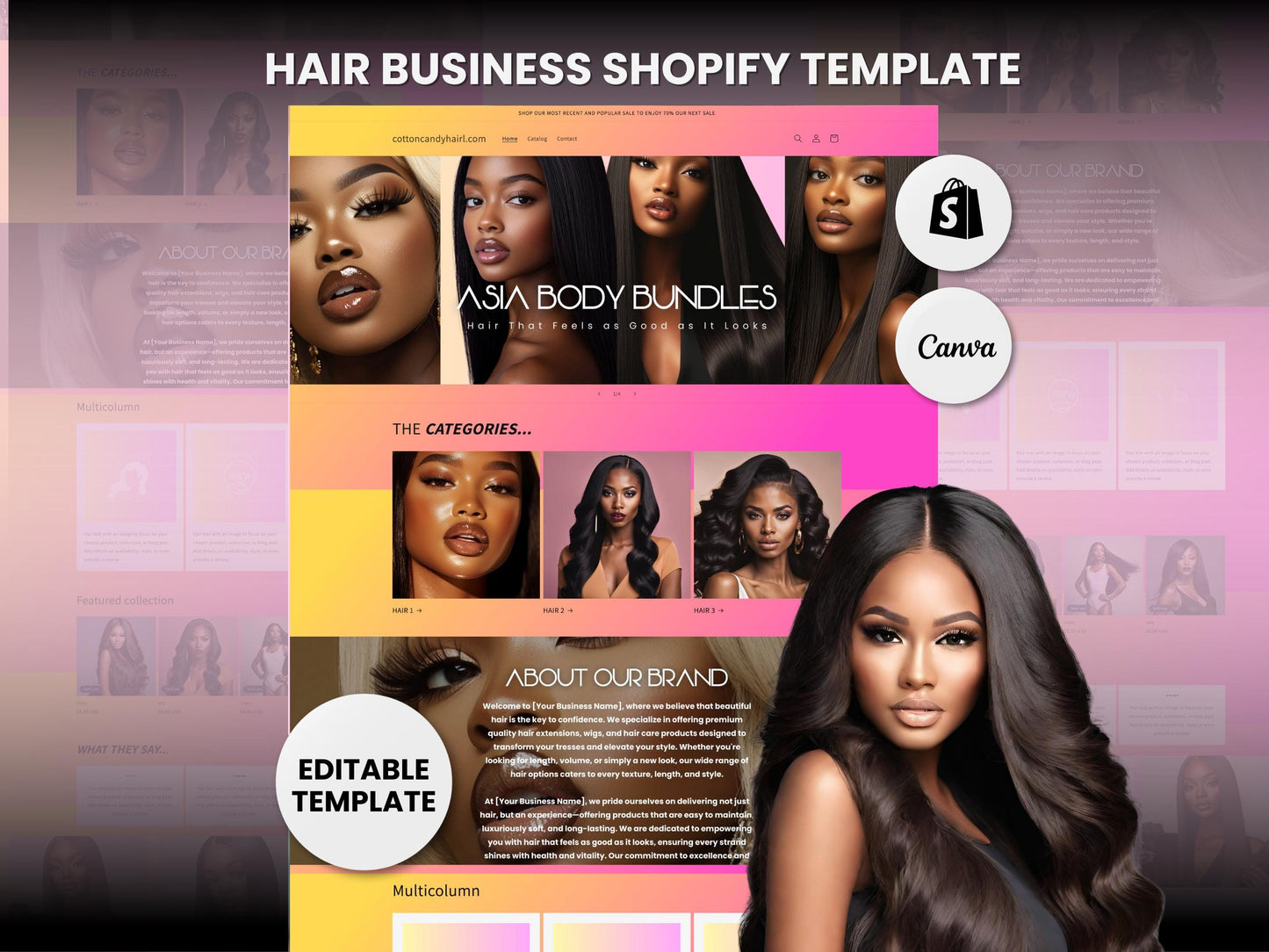 Pink Shopify Beauty Theme Template, Pink Hair Theme, Website for Hair Businesses Shopify Website Design, Shopify Banners, Business Owners