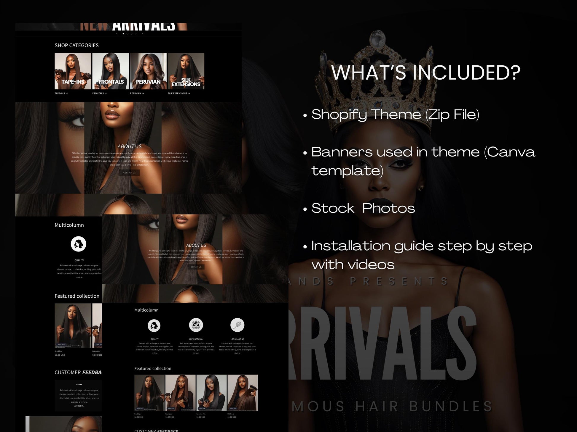 Black Shopify Theme Template, Black Hair Theme, Website for Hair Businesses Shopify Website Design, Shopify Banners, Business Owners