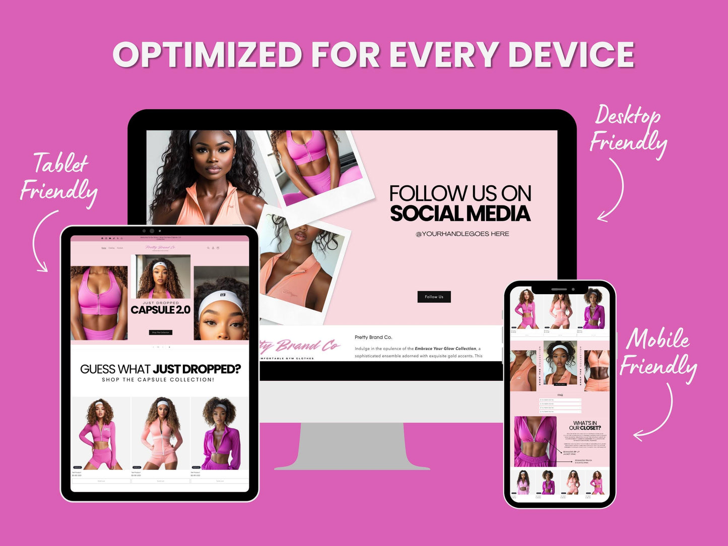 Pink Boutique Shopify Theme Template, Pink & White Theme, Website for Active Wear business, Shopify Website Design, Shopify Banners,Clothing