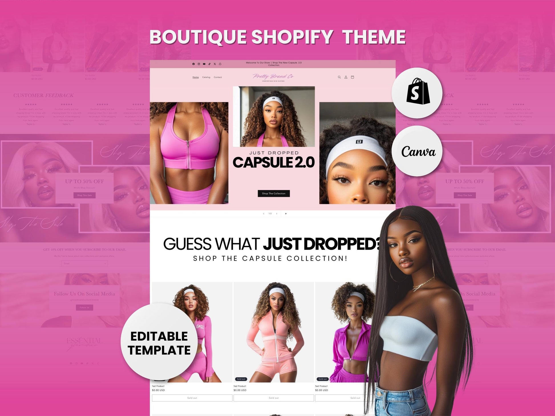 Pink Boutique Shopify Theme Template, Pink & White Theme, Website for Active Wear business, Shopify Website Design, Shopify Banners,Clothing