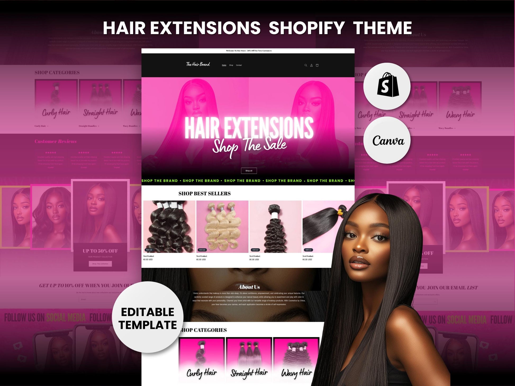 Pink Shopify Theme Template, Pink Hair Theme, Website for Hair Businesses Shopify Website Design, Shopify Banners, Business Owners