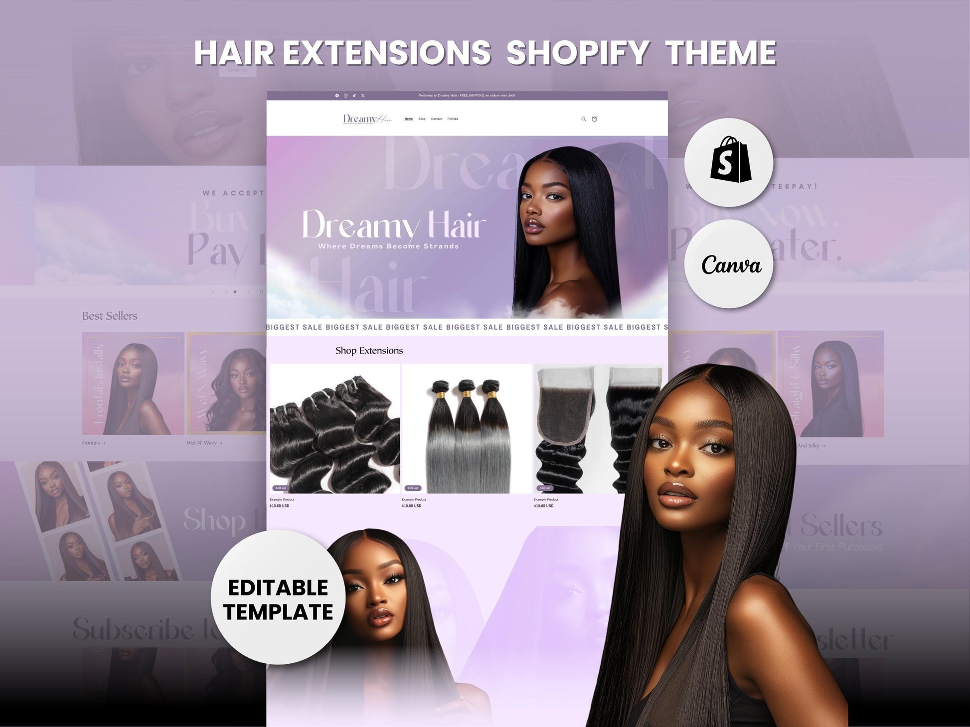 Purple Shopify Theme Template, Lavender Hair Theme, Website for Hair Businesses Shopify Website Design, Shopify Banners, Business Owners