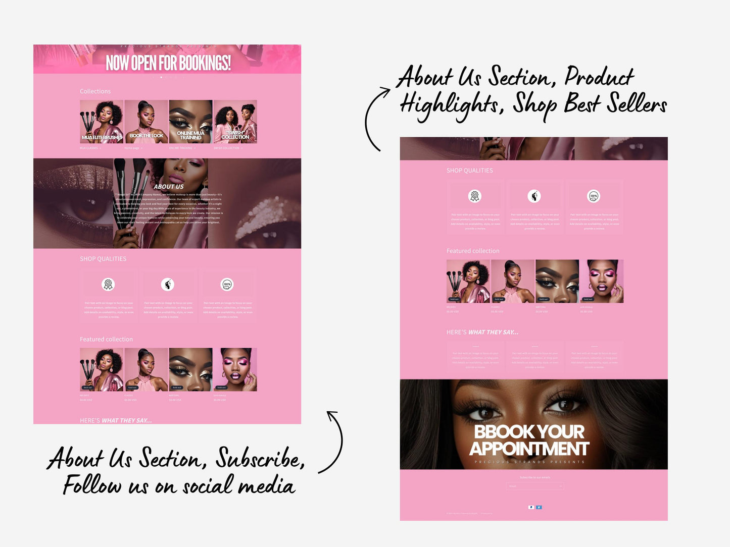 Pink MUA Shopify Theme Template, Pink and White Theme, Website for MUA business, Shopify Website Design, Shopify Banners, Makeup Artists