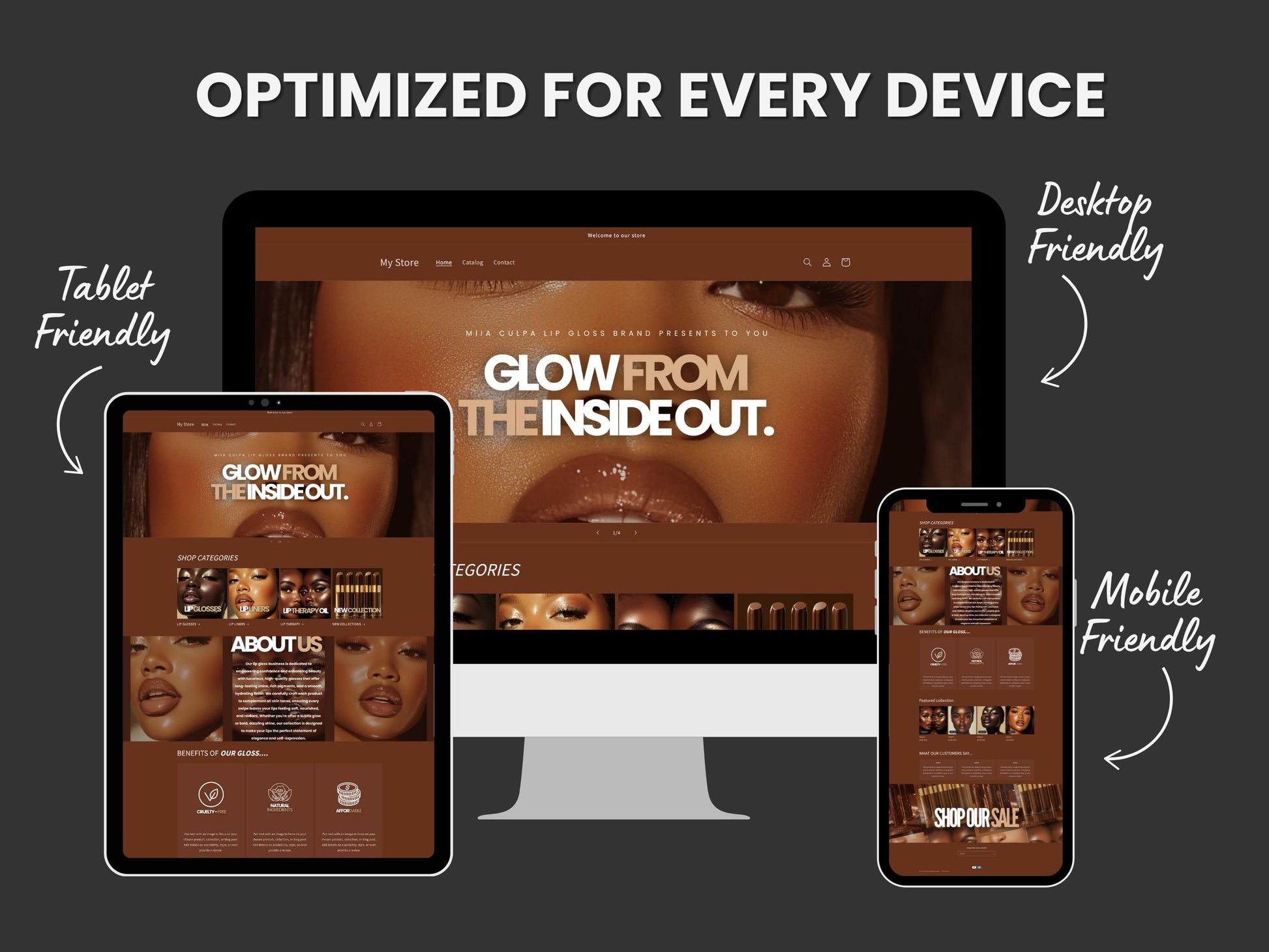 Brown Shopify Beauty Theme Template, Brown Melanin Theme, Website for Lip Gloss Businesses Shopify Website Design, Shopify Banners