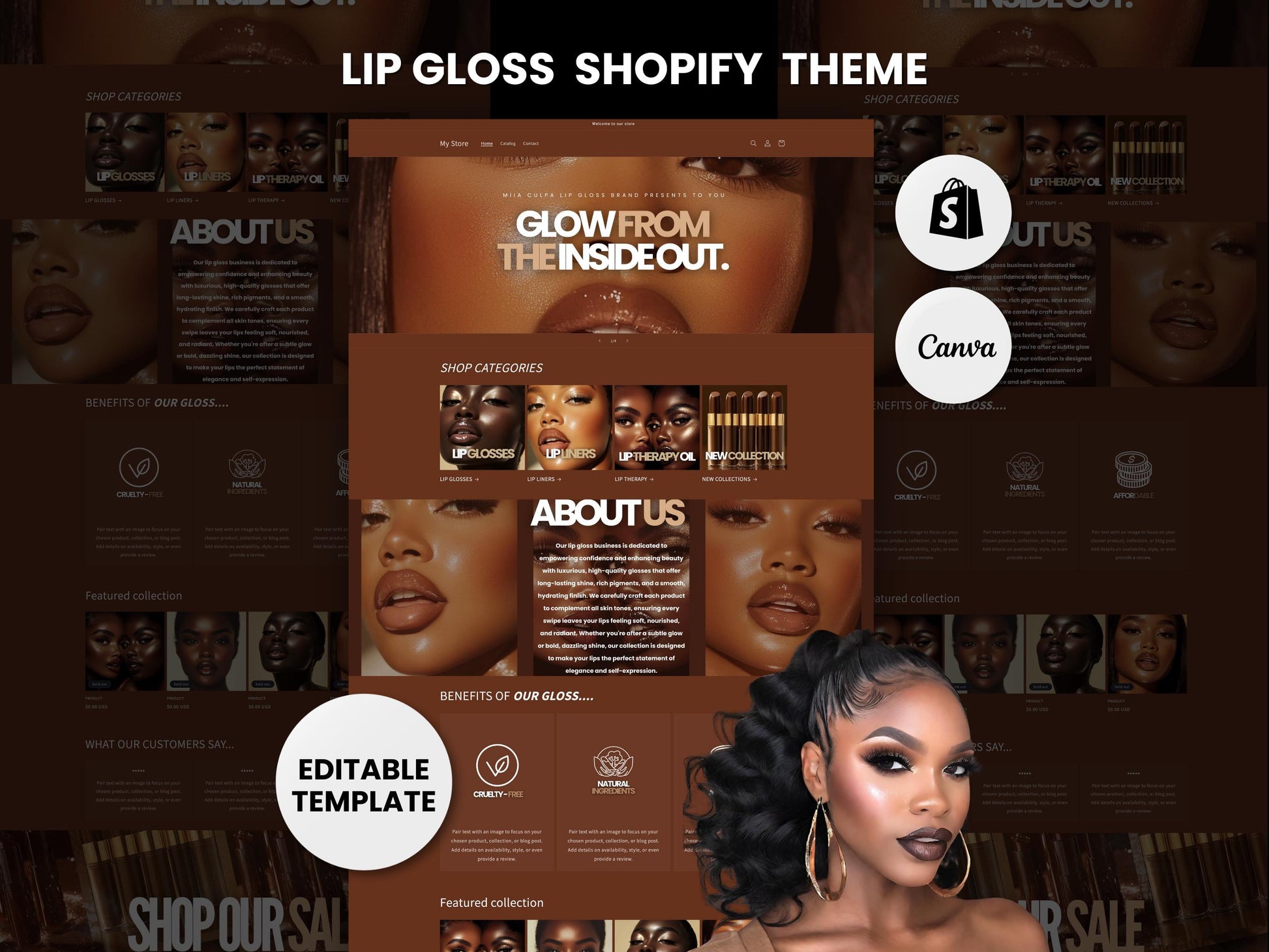 Brown Shopify Beauty Theme Template, Brown Melanin Theme, Website for Lip Gloss Businesses Shopify Website Design, Shopify Banners