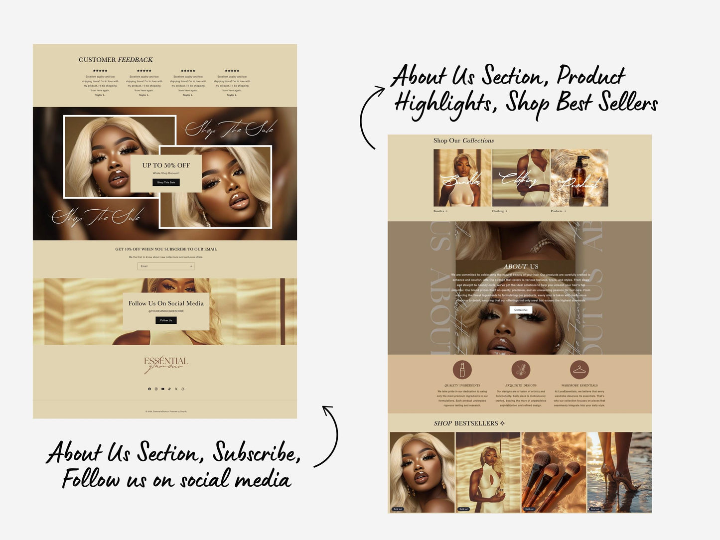 Aesthetic Gold Melanin Skincare Shopify Beauty Theme Template, tan and White Theme, Website for Shopify Website Design, Shopify Banners