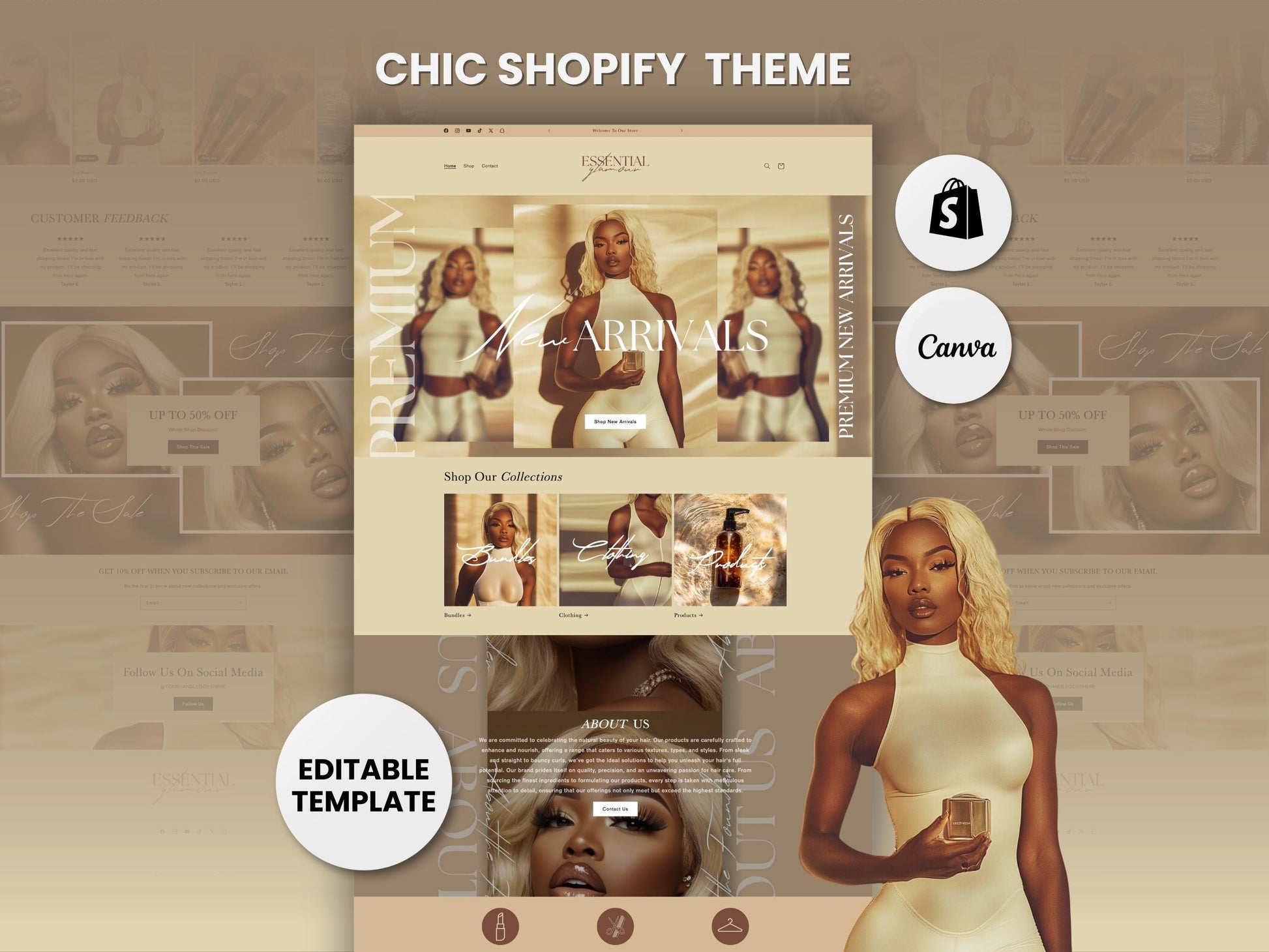 Aesthetic Gold Melanin Skincare Shopify Beauty Theme Template, tan and White Theme, Website for Shopify Website Design, Shopify Banners