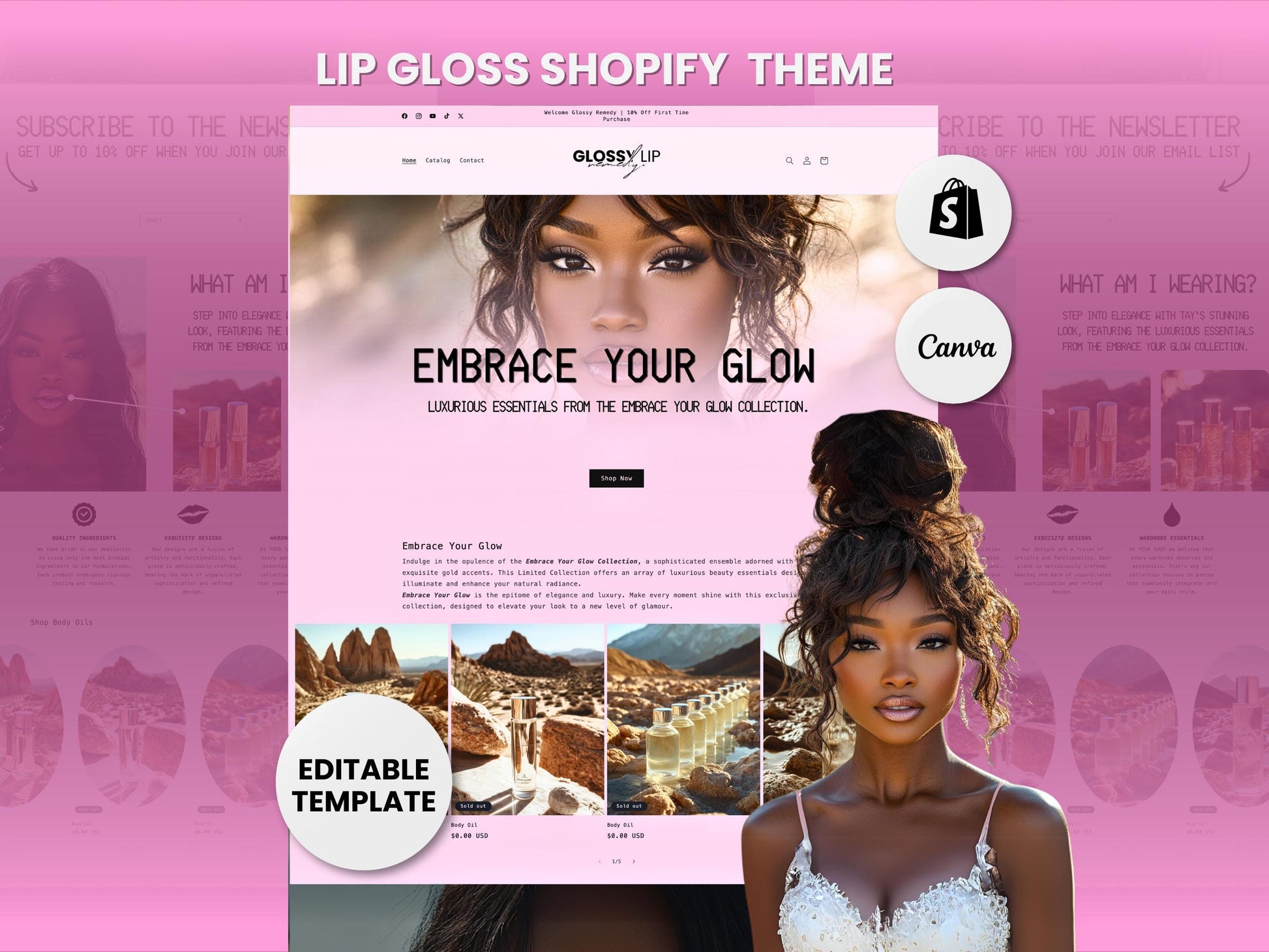 Pink Cosmetics Shopify Beauty Theme Template, Pink & Black Theme, Website for gloss business, Shopify Website Design, Shopify Banners