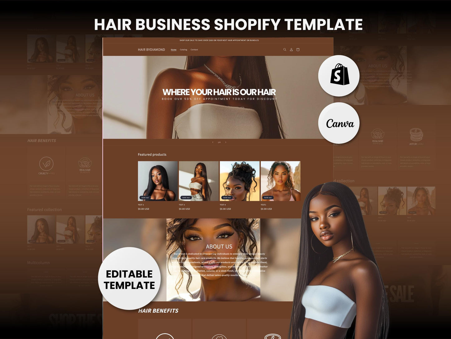 Brown Shopify Theme Template, Brown Hair Theme, Website forHair Businesses Shopify Website Design, Shopify Banners, Business Owners