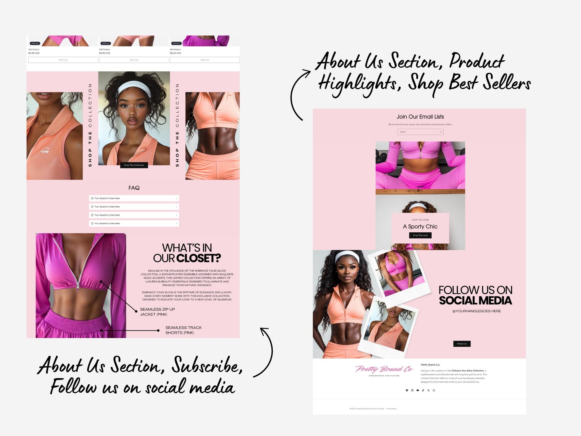 Pink Boutique Shopify Theme Template, Pink & White Theme, Website for Active Wear business, Shopify Website Design, Shopify Banners,Clothing