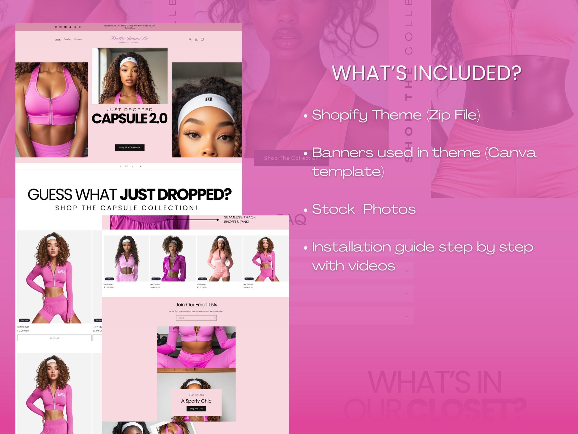 Pink Boutique Shopify Theme Template, Pink & White Theme, Website for Active Wear business, Shopify Website Design, Shopify Banners,Clothing