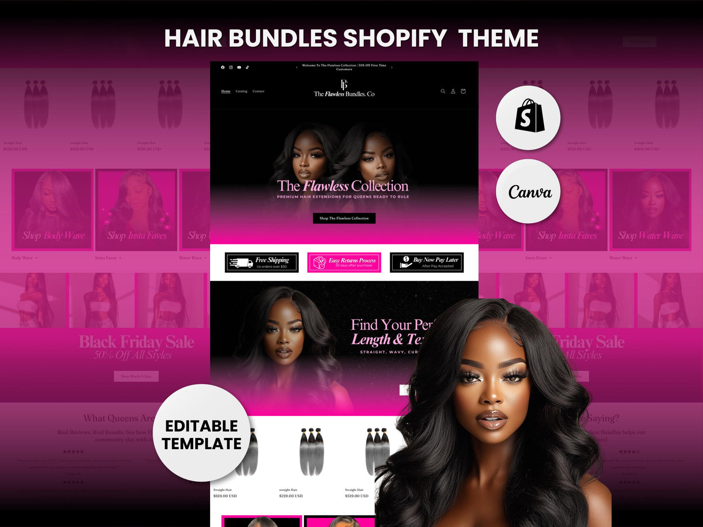 Pink Shopify Theme Template, Pink Hair Theme, Website for Hair Businesses Shopify Website Design, Shopify Banners, Business Owners