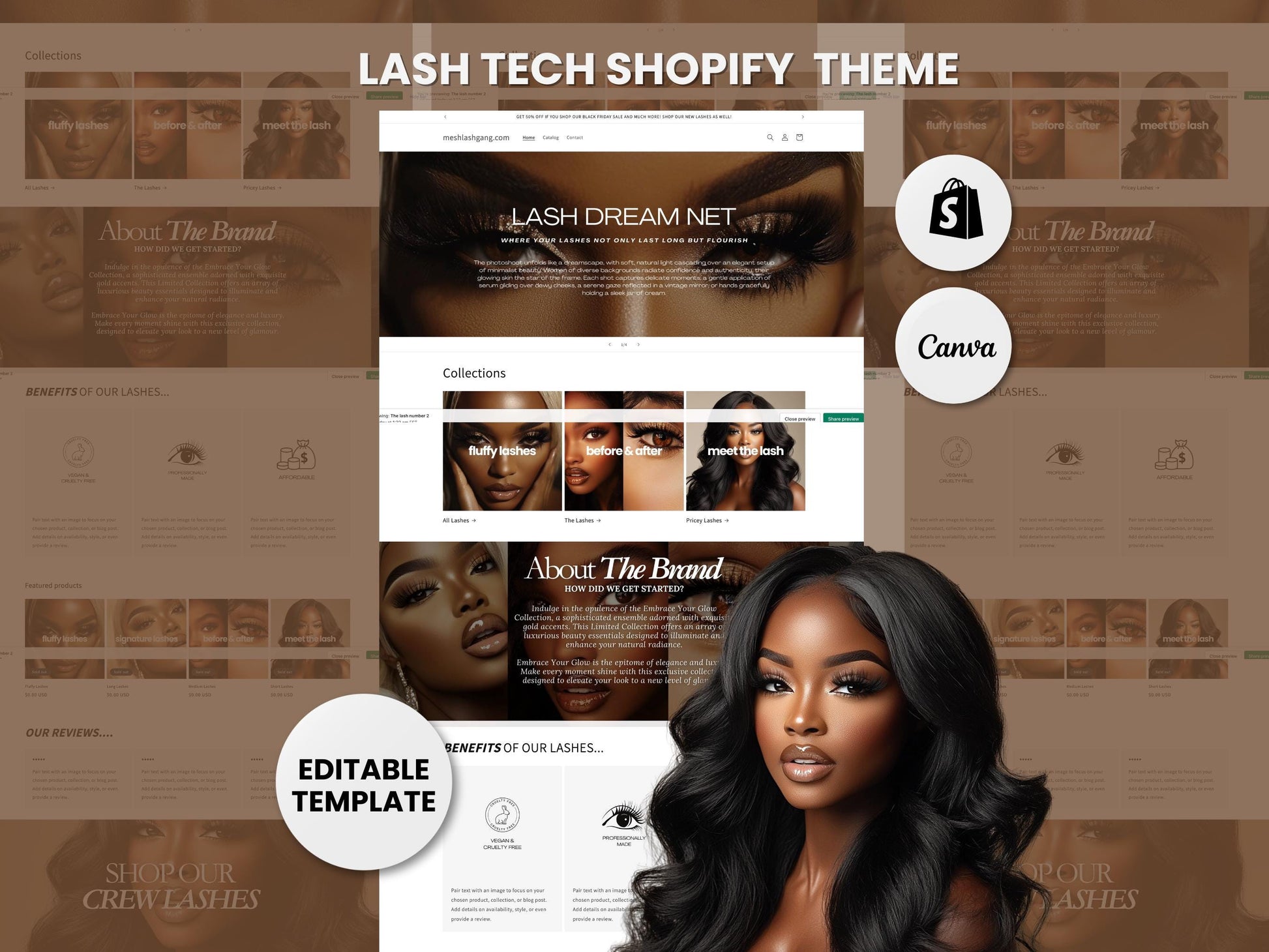 Bronze Shopify Beauty Theme Template, Bronze Melanin Theme, Website for Lash tech Businesses Shopify Website Design, Shopify Banners