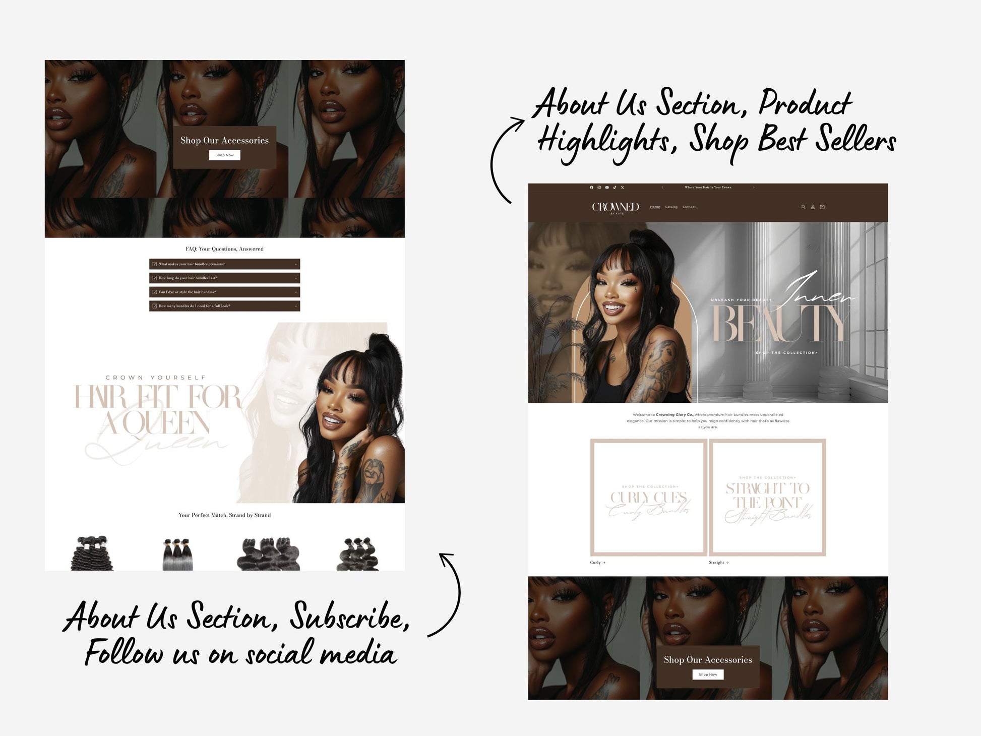 Brown Shopify Theme Template, Tan Hair Theme, Website for Hair Businesses Shopify Website Design, Shopify Banners, Business Owners