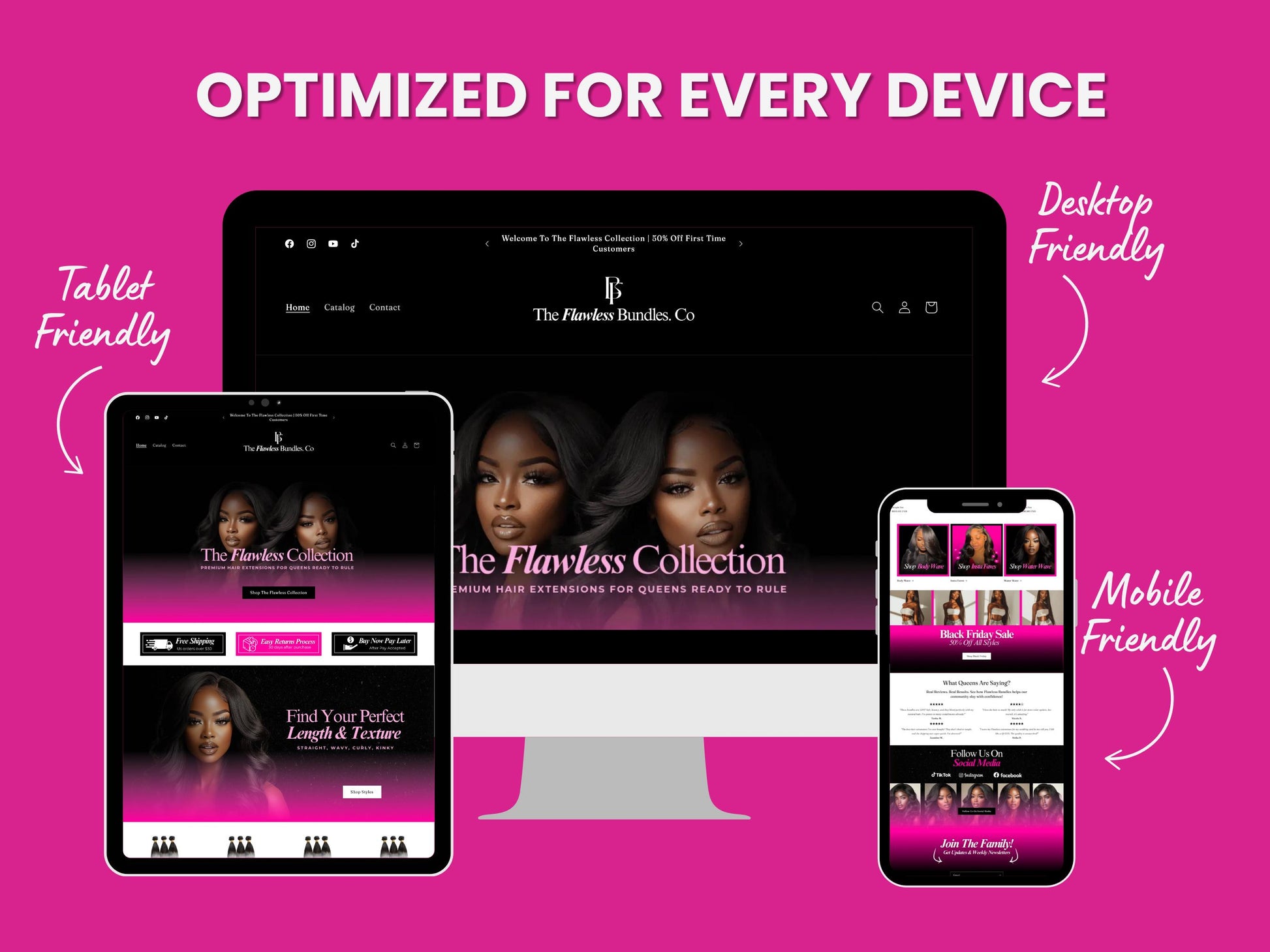 Pink Shopify Theme Template, Pink Hair Theme, Website for Hair Businesses Shopify Website Design, Shopify Banners, Business Owners