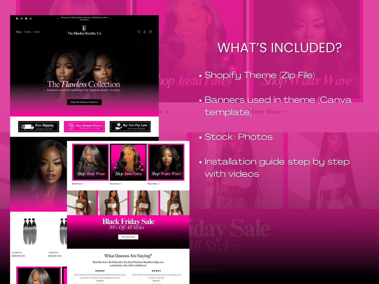 Pink Shopify Theme Template, Pink Hair Theme, Website for Hair Businesses Shopify Website Design, Shopify Banners, Business Owners