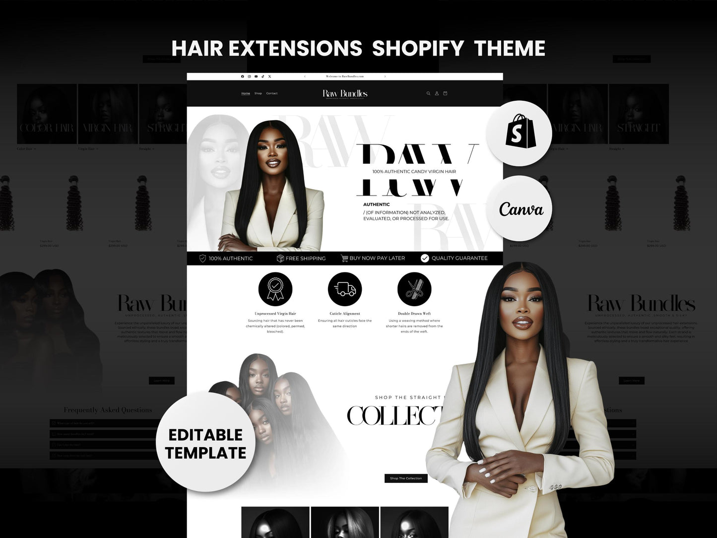 Black Shopify Theme Template, Aesthetic Hair Theme, Website for Extensions Businesses Shopify Website Design,Shopify Banners,Business Owners